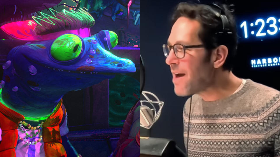 Mondo Gecko and Paul Rudd pictured side by side for Teenage Mutant Ninja Turtles: Mutant Mayhem.