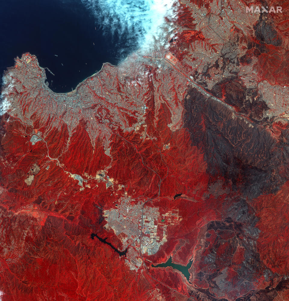 An infrared satellite image released Monday by Maxar Technologies shows an overview of the areas affected by large wildfires near the cities of Valparaiso and Viña del Mar in Chile. / Credit: Satellite image ©2024 Maxar Technologies