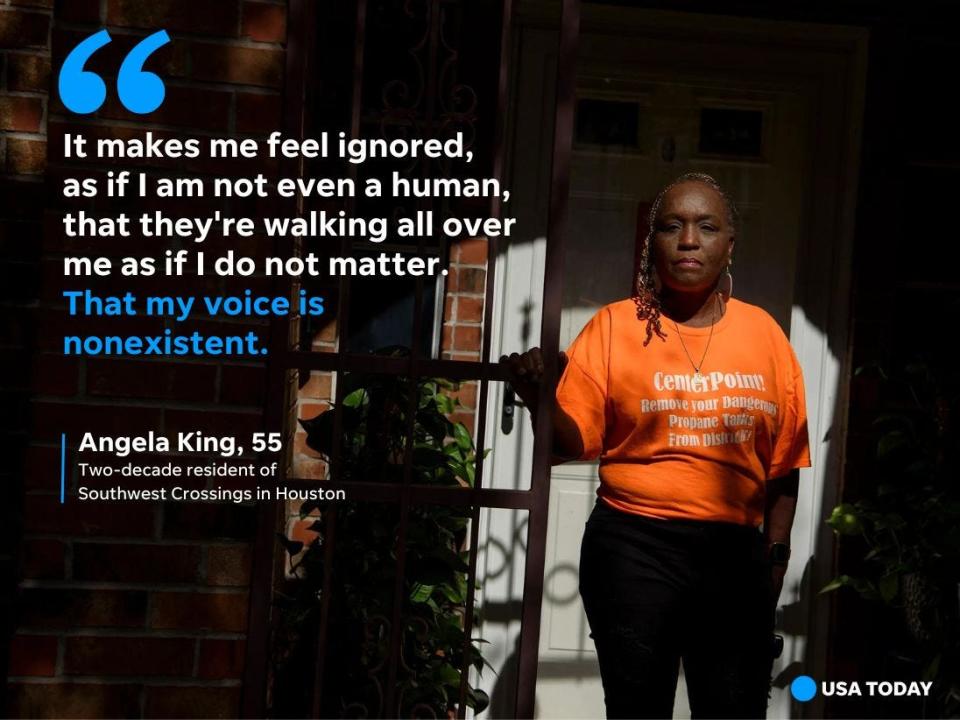 Angela King poses for a portrait at her home in Southwest Crossings in Houston, Texas. CenterPoint Energy plans to install a natural gas pipeline transmission lines 4 feet underground in her neighborhood with initial construction just 50 feet from King's home.