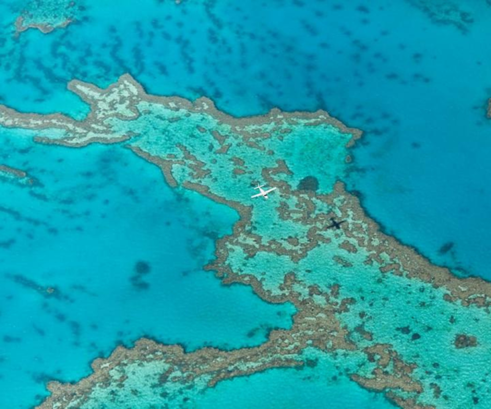 Ariel view of a plane flying over the Great Barrier Reef