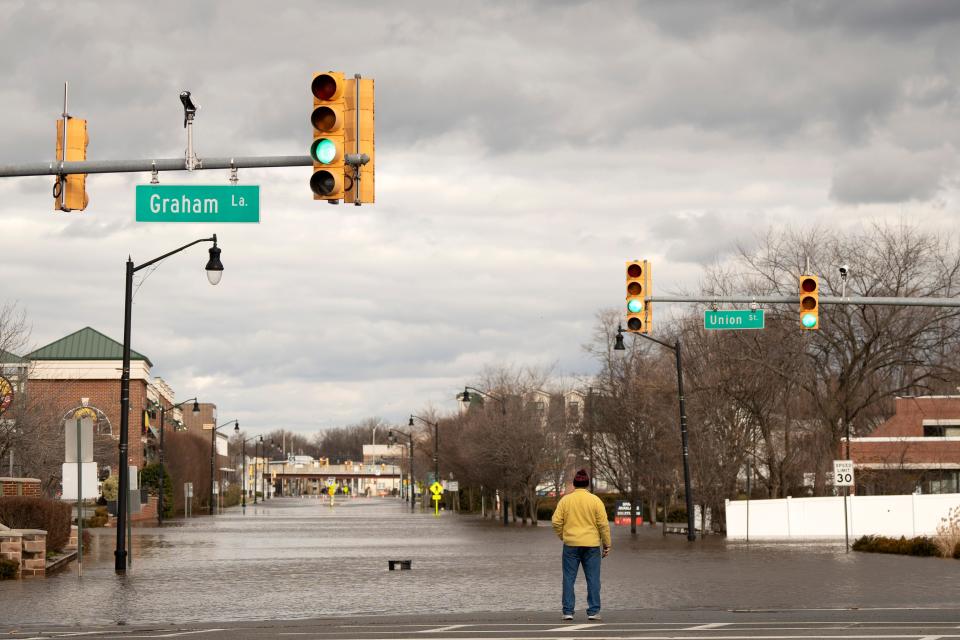 Jan 10, 2024; Lodi, NJ, USA; Flooding on Main Street in Lodi.
