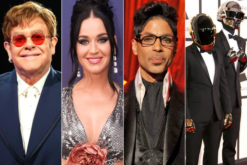 Sir Elton John poses during The BRIT Awards 2021 at The O2 Arena on May 11, 2021 in London, England. (Photo by JMEnternational/JMEnternational for BRIT Awards/Getty Images); (Eric McCandless/ABC via Getty Images) KATY PERRY; Prince speaks onstage at 2011 MusiCares Person of the Year Tribute to Barbra Streisand at Los Angeles Convention ; Guy-Manuel de Homem-Christo (L) and Thomas Bangalter of Daft Punk attend the 56th GRAMMY Awards at Staples Center on January 26, 2014 in Los Angeles, California. (Photo by Jeff Vespa/WireImage)