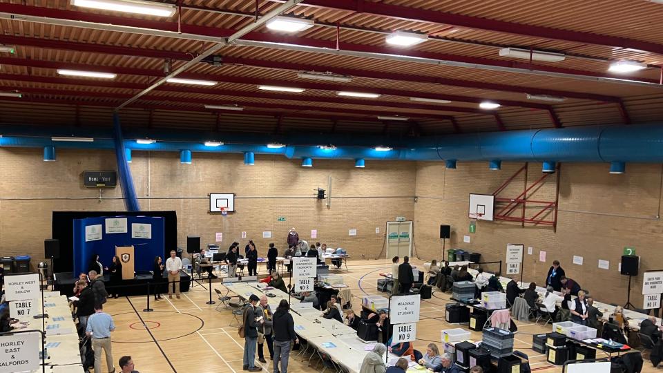 The inside of Donyngs Leisure Centre with ballots being counted