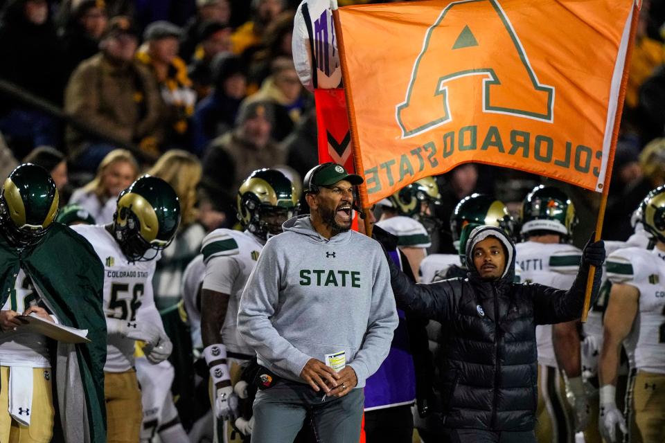 Nov 3, 2023; Laramie, Wyoming, USA; Colorado State Rams head coach Jay Norvell reacts against the Wyoming Cowboys during the fourth quarter at Jonah Field at War Memorial Stadium. Mandatory Credit: Troy Babbitt-USA TODAY Sports