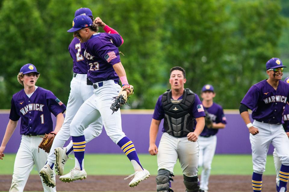 Warwick celebrates their win during the section 9 Class AA quarterfinal baseball game at Monroe-Woodbury High School in Central Valley, NY on Monday, May 23, 2022. Warwick defeated Monroe-Woodbury 3-1. KELLY MARSH/FOR THE TIMES HERALD-RECORD