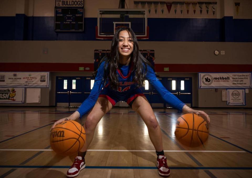 Folsom’s Kamryn Mafua, The Sacramento Bee high school girls basketball player of the year, is photographed Wednesday, April 12, 2023, in the gym at Folsom High School.