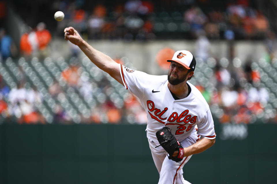 Baltimore Orioles starting pitcher Jordan Lyles throws during the second inning of a baseball game against the Tampa Bay Rays, Thursday, July 28, 2022, in Baltimore. (AP Photo/Terrance Williams)