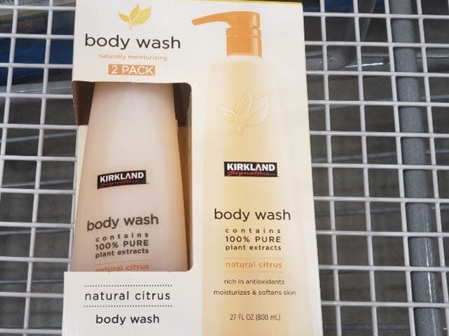 White and yellow package of kirkland's body wash at costco