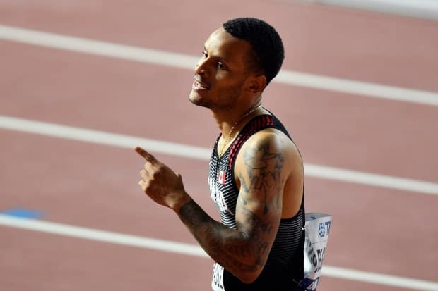 Andre De Grasse, seen here on Sept. 30, 2019, finished third at the Ostrava Golden Spike on Wednesday, trailing only Fred Kerley and Justin Gatlin of the United States. (Martin Meissner/The Associated Press - image credit)