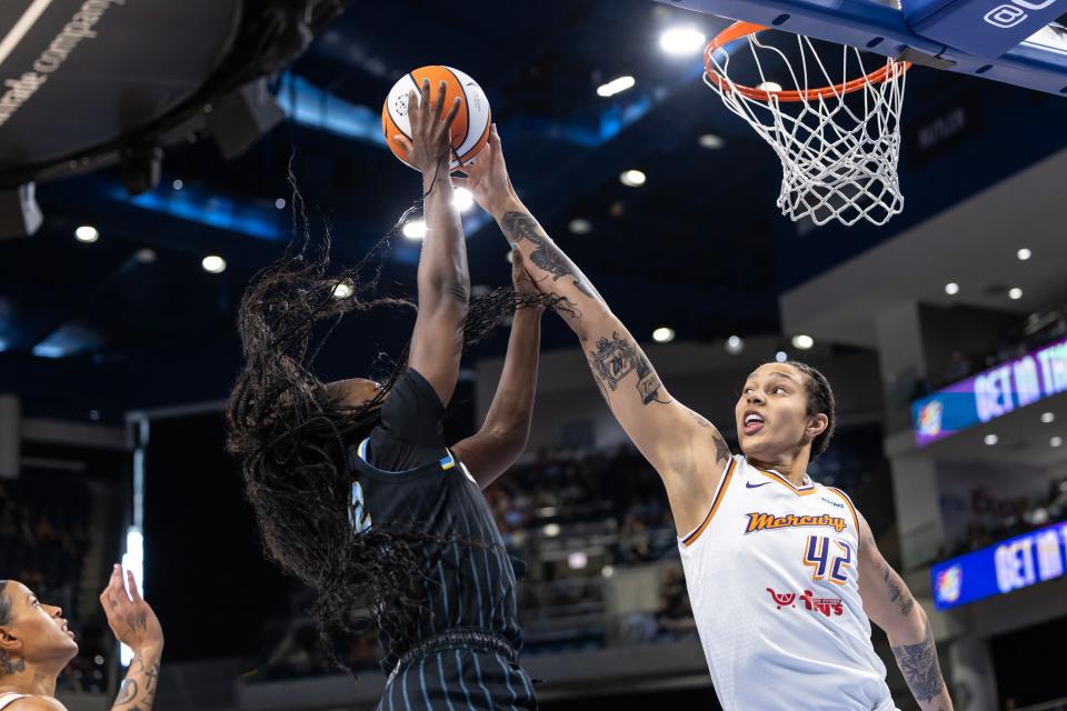 Brittney Griner #42 of the Phoenix Mercury blocks a shot by Michaela Onyenwere #12 of the Chicago Sky in the first quarter at Wintrust Arena on Sept. 15, 2024 in Chicago, Illinois.