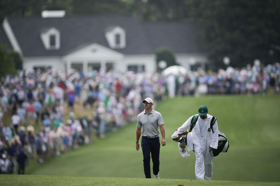 Rory McIlroy, of Northern Ireland, walks on the first hole during the second round of the Masters golf tournament at Augusta National Golf Club on Friday, April 7, 2023, in Augusta, Ga. (AP Photo/Matt Slocum)