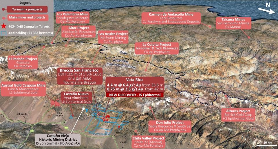 Regional view to the east showing the block of properties controlled by Turmalina Metals with the main targets already drilled and drill targets for next campaign (red stars).