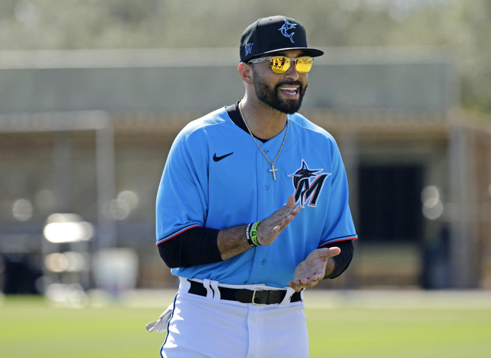 Miami Marlins outfielder Matt Kemp (27) looks on during spring training baseball practice in Jupiter, Fla., Monday, Feb. 17, 2020. (David Santiago/Miami Herald via AP)