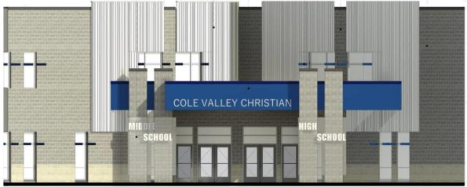 A rending of the front of a proposed Cole Valley Christian School for pre-k through 12th grade.