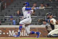 Apr 14, 2019; Atlanta, GA, USA; New York Mets center fielder Keon Broxton (23) singles in a run against the Atlanta Braves during the eighth inning at SunTrust Park. Mandatory Credit: Dale Zanine-USA TODAY Sports