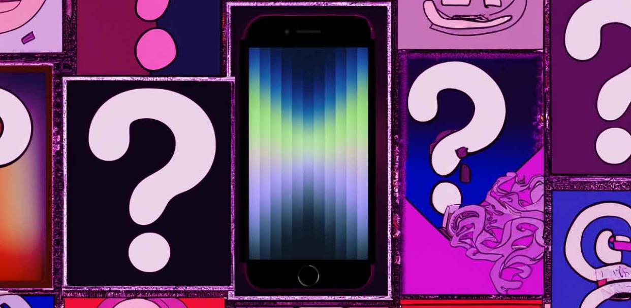  IPhone surrounded by question marks. 