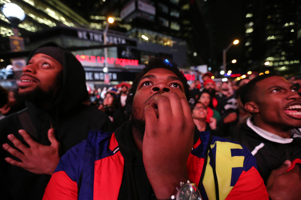 TORONTO, ON- JUNE 13 - Toronto fans watch, worry and celebrate at Jurassic park as the Toronto Raptors beat the Golden State Warriors in game six to win the NBA Championship at Oracle Arena in Oakland outside at Scotiabank Arena in Toronto. June 13, 2019. (Steve Russell/Toronto Star via Getty Images)