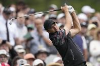 Jordan Spieth watches his shot on the 12th hole during a practice round in preparation for the Masters golf tournament at Augusta National Golf Club Tuesday, April 9, 2024, in Augusta, Ga. (AP Photo/George Walker IV)