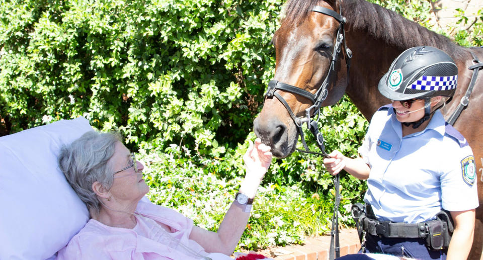 Rita Meredith (nee Browning) with Constable Nicole Harvell and her Police Horse 'Hollywood'. Photo Credit: NSW Mounted Police