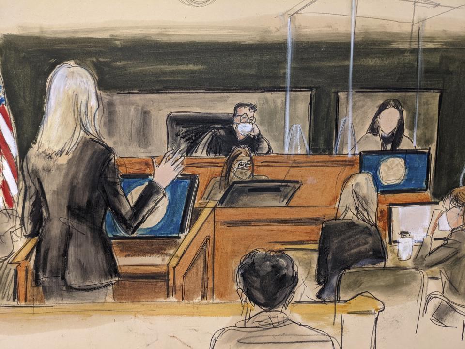 In this courtroom sketch, Ghislaine Maxwell's defense attorney Laura Menninger, left, cross examines a witness using the pseudonym "Jane" Tuesday Nov. 30, 2021, in New York. The woman testified that she had repeated sexual contact with disgraced financier Jeffrey Epstein when she 14 and that Maxwell was there when it happened. (Elizabeth Williams via AP)