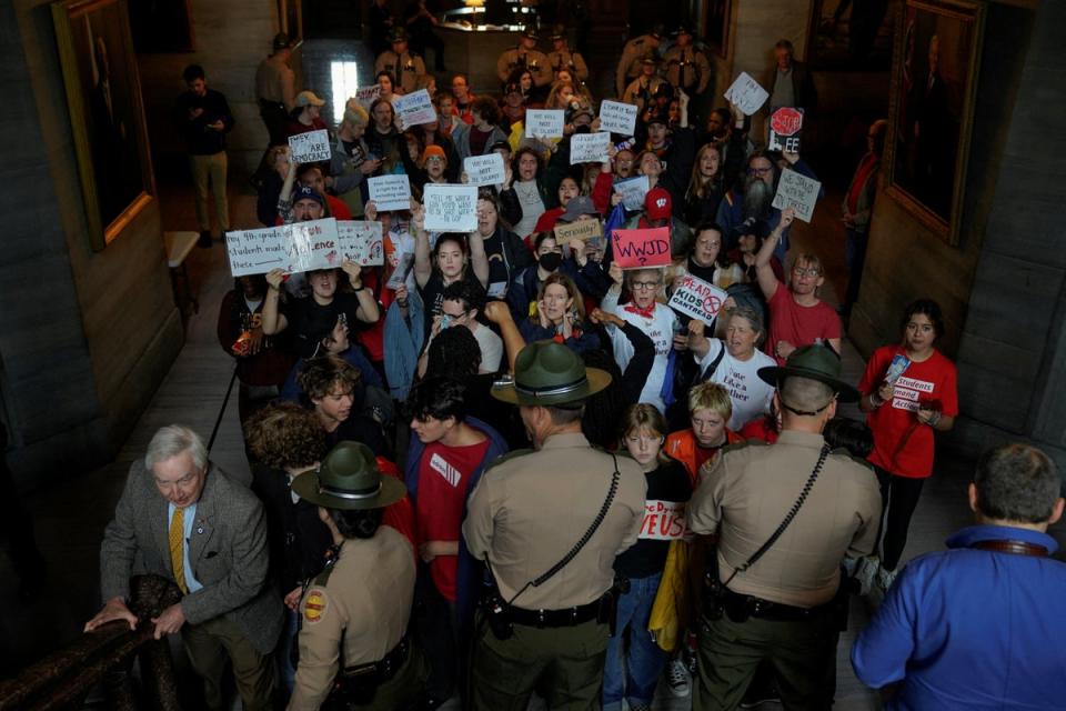 Anti-gun violence protesters have been evicted multiple times from the legislative viewing gallery as lawmakers fail to pass meaningful gun reform after the Covenant shooting (REUTERS)