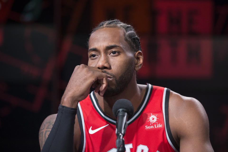 Toronto Raptors NBA basketball team player Kawhi Leonard is shown during a press conference at media day in Toronto, Monday, Sept. 24, 2018. (Chris Young/The Canadian Press via AP)