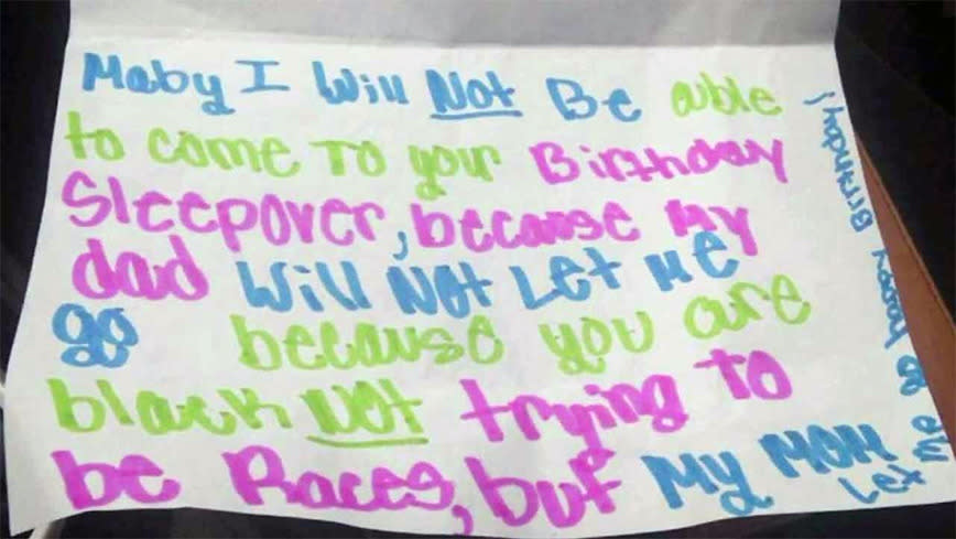 A 10-year-old US girl got a birthday card from her white friend that revealed one parent's shocking prejudice.