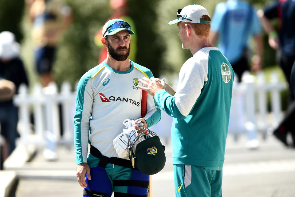 DUNEDIN, NEW ZEALAND - FEBRUARY 25: Glenn Maxwell talks to coach Andrew McDonald ahead of game two of the International T20 series between New Zealand and Australia at University of Otago Oval on February 25, 2021 in Dunedin, New Zealand. (Photo by Joe Allison/Getty Images)