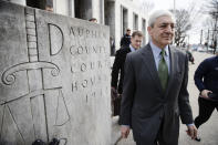 Former Penn State president Graham Spanier walks from the Dauphin County Courthouse in Harrisburg, Pa., Friday, March 24, 2017. Spanier was convicted Friday of hushing up suspected child sex abuse in 2001 by Jerry Sandusky, whose arrest a decade later blew up into a major scandal for the university and led to the firing of beloved football coach Joe Paterno. (AP Photo/Matt Rourke)