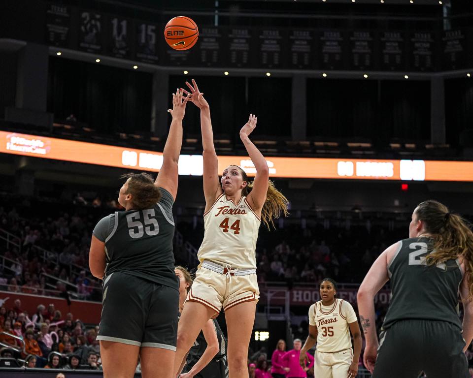 Texas Longhorns forward Taylor Jones (44) shoots the ball over Iowa State forward Audi Cooks (55) during the basketball game at the Moody Center on Saturday, Feb. 17, 2024 in Austin.