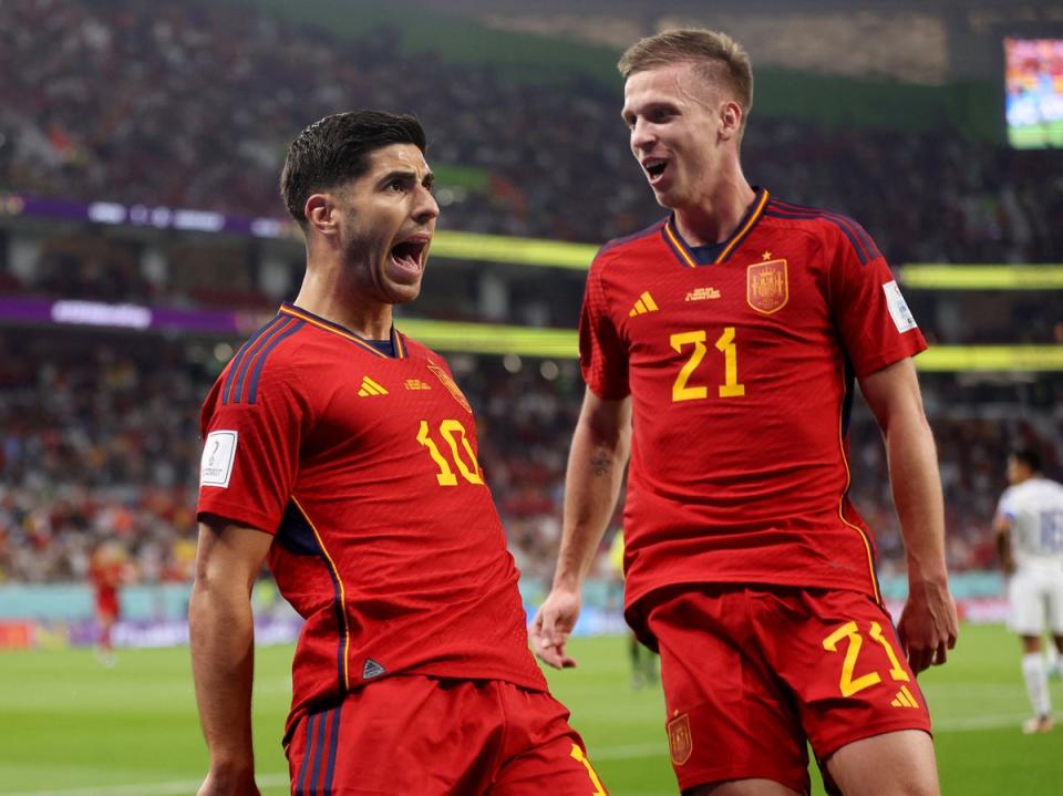 Spain's Marco Asensio celebrates scoring (REUTERS)