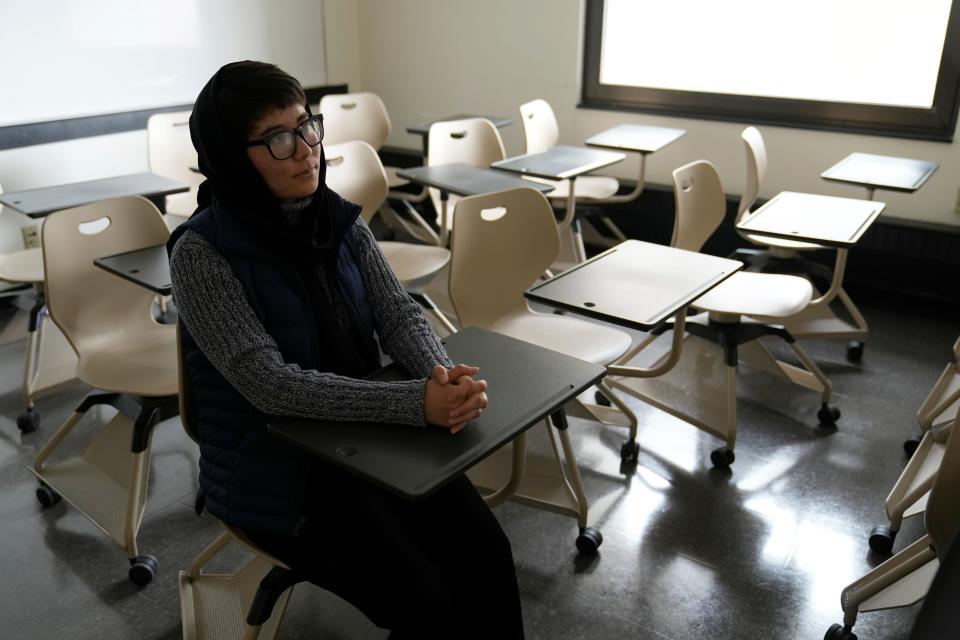 Afghan evacuee and University of Wisconsin-Milwaukee student, Khatera, age 20, is seen in Curtin Hall on UWM's campus in Milwaukee on April 25. Khatera is studying English in the intensive English program at UWM and is part of a group of nine Afghan women from the Asian University for Women now in Milwaukee. Nearly 150 young Afghan women from the university were evacuated by the U.S. and stayed at Fort McCoy in Wisconsin until they were placed at universities around the country.