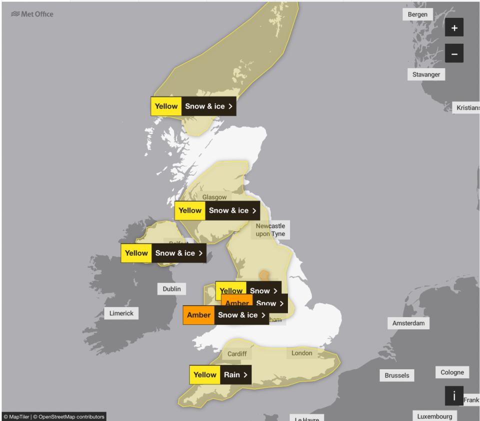 Two amber warnings for snow were issued on Thursday (Met Office)