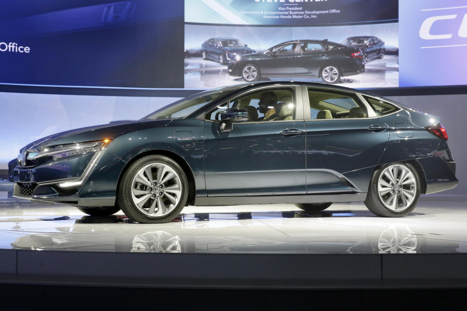 The hybrid model of the Honda Clarity is shown during a media preview at the New York International Auto Show, at the Jacob Javits Center in New York, Wednesday, April 12, 2017. (AP Photo/Richard Drew)