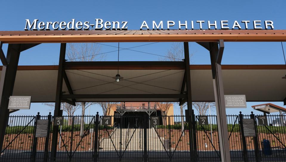 Mar 14, 2024; Tuscaloosa, Alabama, USA; Signage at the Mercedes-Benz Amphitheater reflects the name change and sponsorship by the automaker.