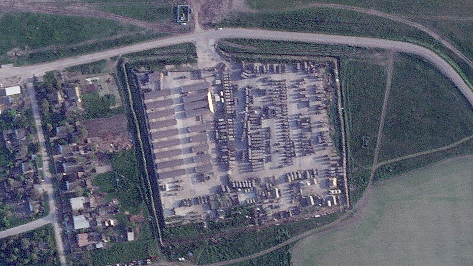 This satellite image from Planet Labs PBC shows a Russian base with armored vehicles and missile systems in Filativka, Crimea, Friday, May 6, 2022. (Planet Labs PBC via AP)