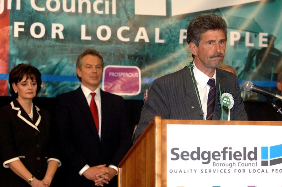 Prime Minister Tony Blair watches Reg Keys, who stood against him as an Independent in Sedgefield, speak after the result confirmed his re-election (PA)