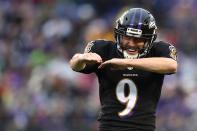 <p>Kicker Justin Tucker #9 of the Baltimore Ravens celebrates after kicking a second quarter field goal against the Philadelphia Eagles at M&T Bank Stadium on December 18, 2016 in Baltimore, Maryland. (Photo by Patrick Smith/Getty Images) </p>