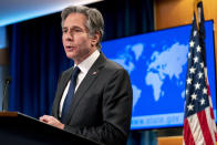 Secretary of State Antony Blinken speaks in the briefing room of the State Department in Washington, Friday, Jan. 7, 2022. (AP Photo/Andrew Harnik, Pool)