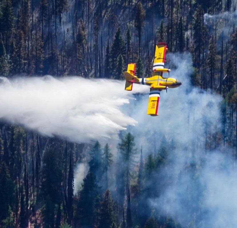 A water scooper drops water on the Colt Fire in late July.