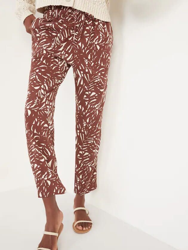 High-Waisted Printed Linen-Blend Pants