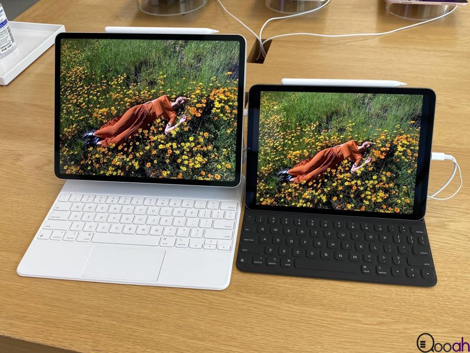 採用全新 mini-LED 技術的 12.9 吋 iPad Pro（左）和 11 吋 iPad Pro（右）。