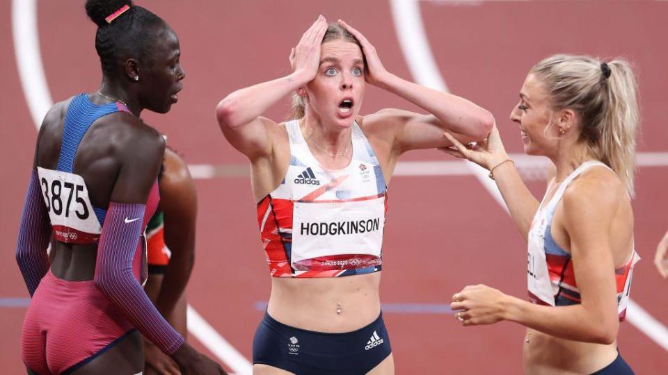 Keely Hodgkinson reacts after winning Olympic silver