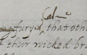 The almost horizontal 'm' and top line of the letter 'e' in the word 'calme' is distinctive of Elizabeth I - Credit: Lambeth Palace Library&nbsp;