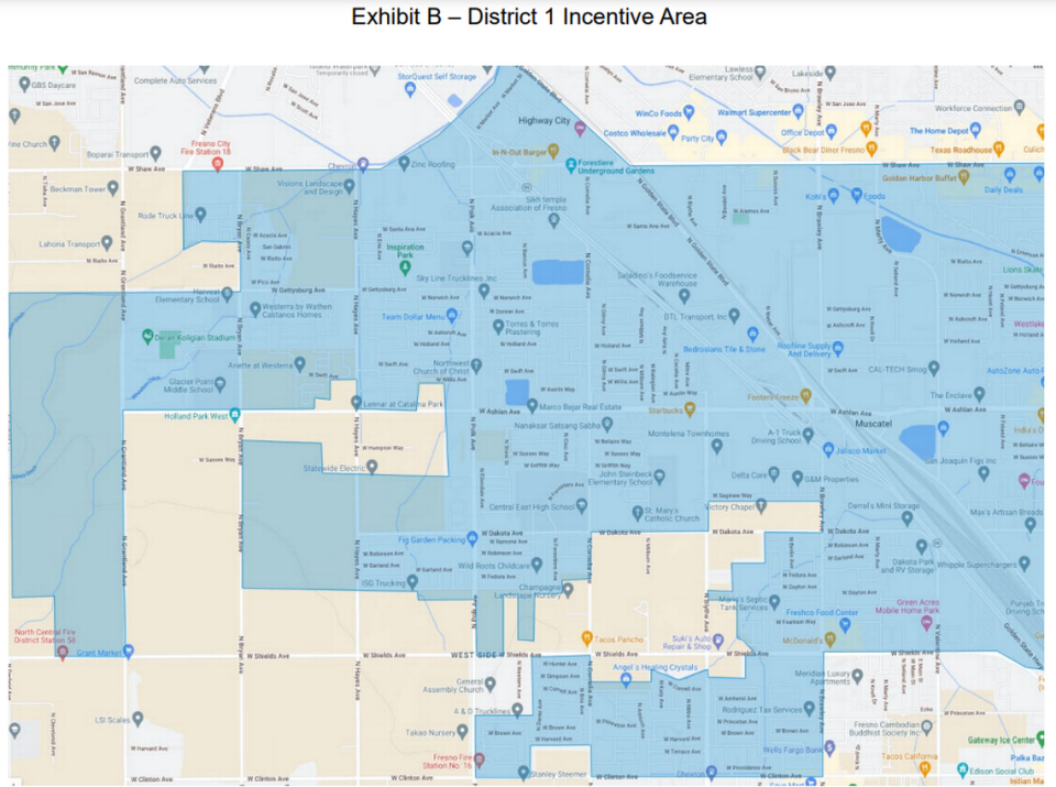 Captura de pantalla de una zona del Distrito 1 en la que comercios locales pueden acogerse al nuevo programa de exención de impuestos aprobado por el Concejo de la Ciudad de Fresno el 11 de mayo de 2023.