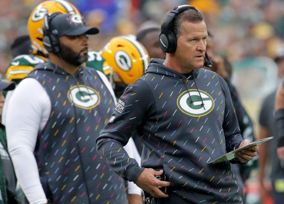 Green Bay Packers defensive coordinator Joe Barry is shown during the first quarter of their game Sunday, October 3, 2021 at Lambeau Field in Green Bay, Wis. Green Bay Packers beat the Pittsburgh Steelers 27-17.<br>Packers04 28