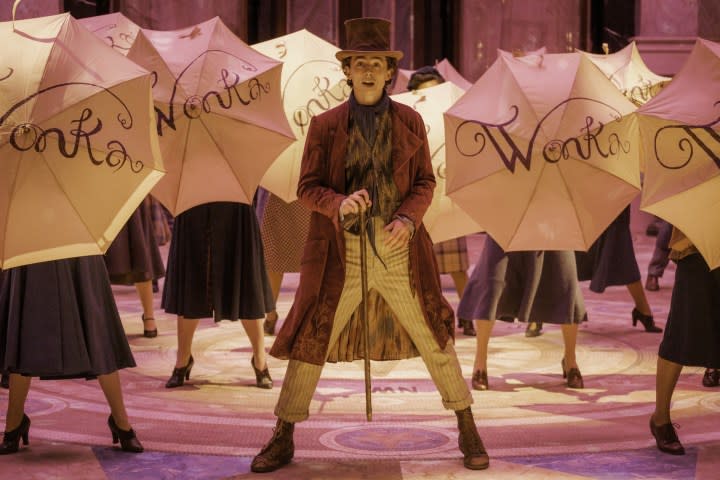 Timothée Chalamet holds a cane in Wonka.