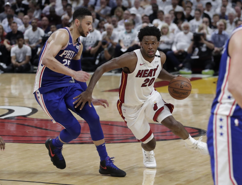 Miami’s Justise Winslow was fined $15,000 for stepping on 76ers big man Joel Embiid’s mask on Thursday. (AP Photo/Lynne Sladky)