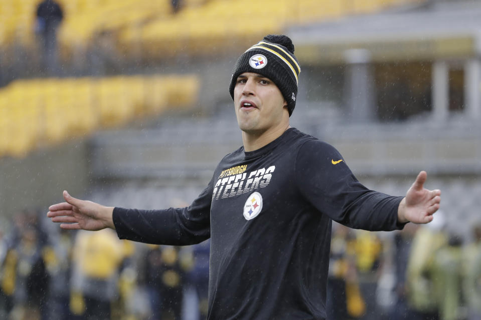 FILE - Pittsburgh Steelers quarterback Mason Rudolph (2) warms up before an NFL football game against the Cleveland Browns in Pittsburgh, in this Sunday, Dec. 1, 2019, file photo. The Steelers quarterback is the only signal-caller under contract for next season after signing a one-year deal early this spring, meaning he may get the first shot at replacing Ben Roethlisberger. (AP Photo/Gene J. Puskar)