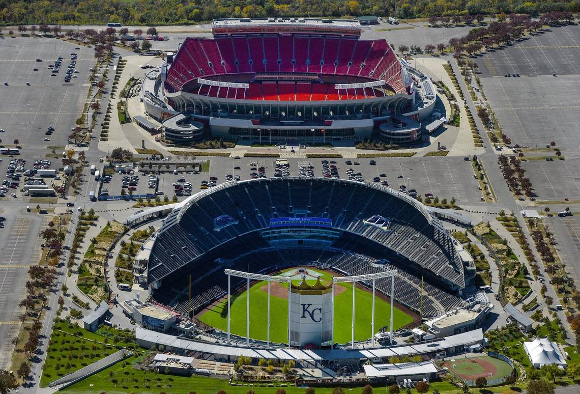 An aerial view of Kauffman and Arrowhead stadiums in Kansas City.
